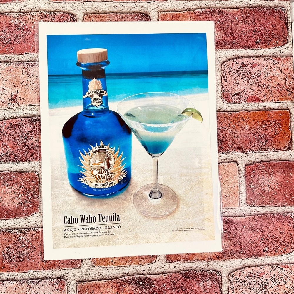 2005 Cabo Wabo Tequila Blue Bottle Martini Glass Beach Scene‎ Orig Vtg PRINT AD
